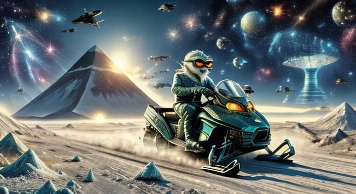 Abominable Snowman on Snowmobile with Volcano