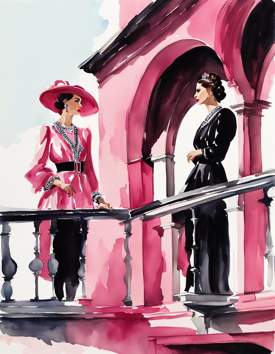 Balcony Scene in Watercolor and Ink Style