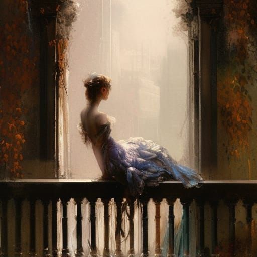 Victorian Woman on Rococo Balcony: Impressionist Fantasy