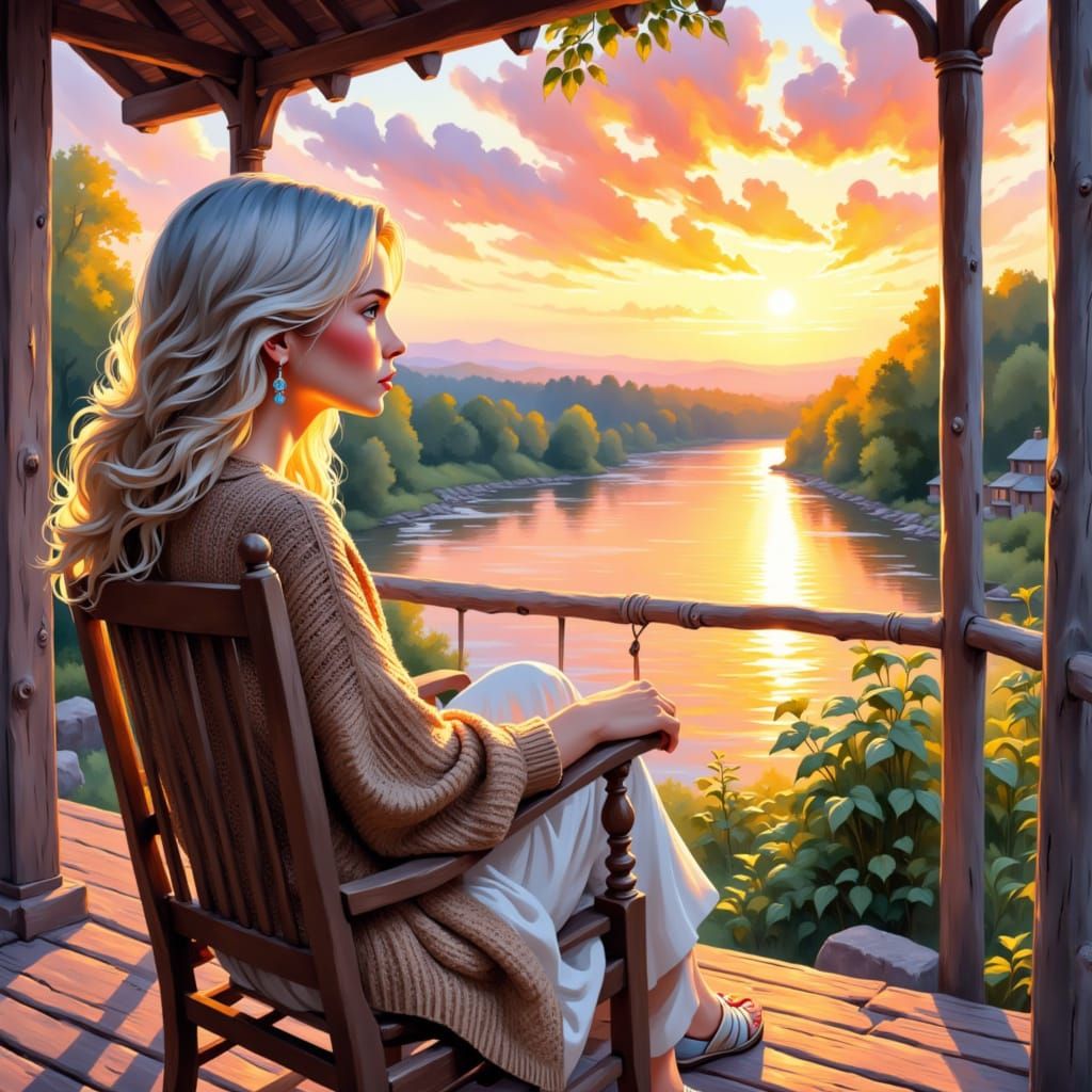 Serene Woman in Watercolor Sunset on River Porch