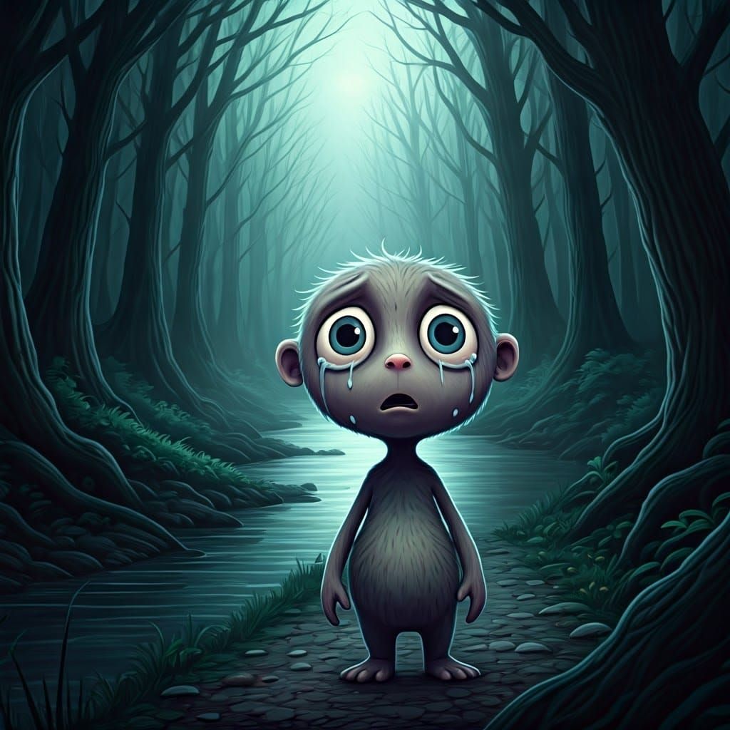 Ethereal Creature in Misty Forest, Dark Whimsical Art