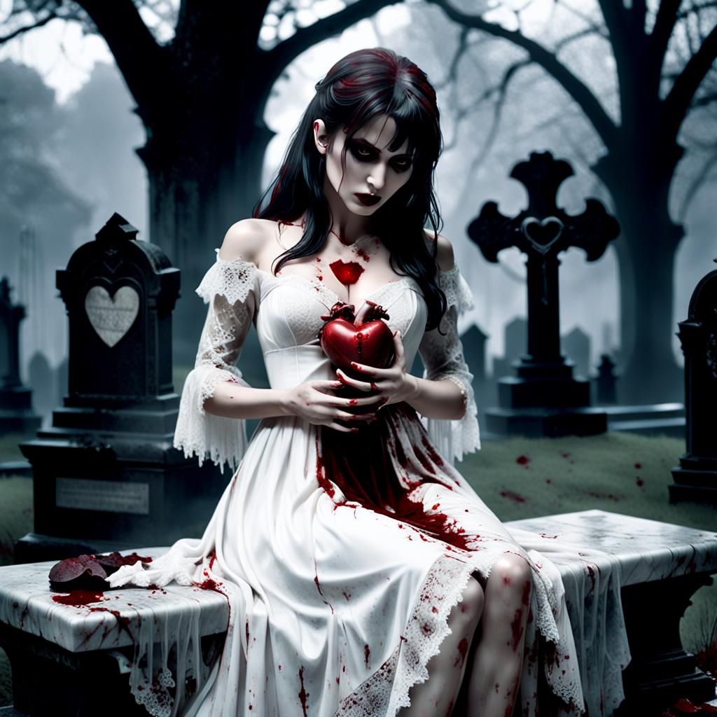 Vampire with Heart in Misty Graveyard
