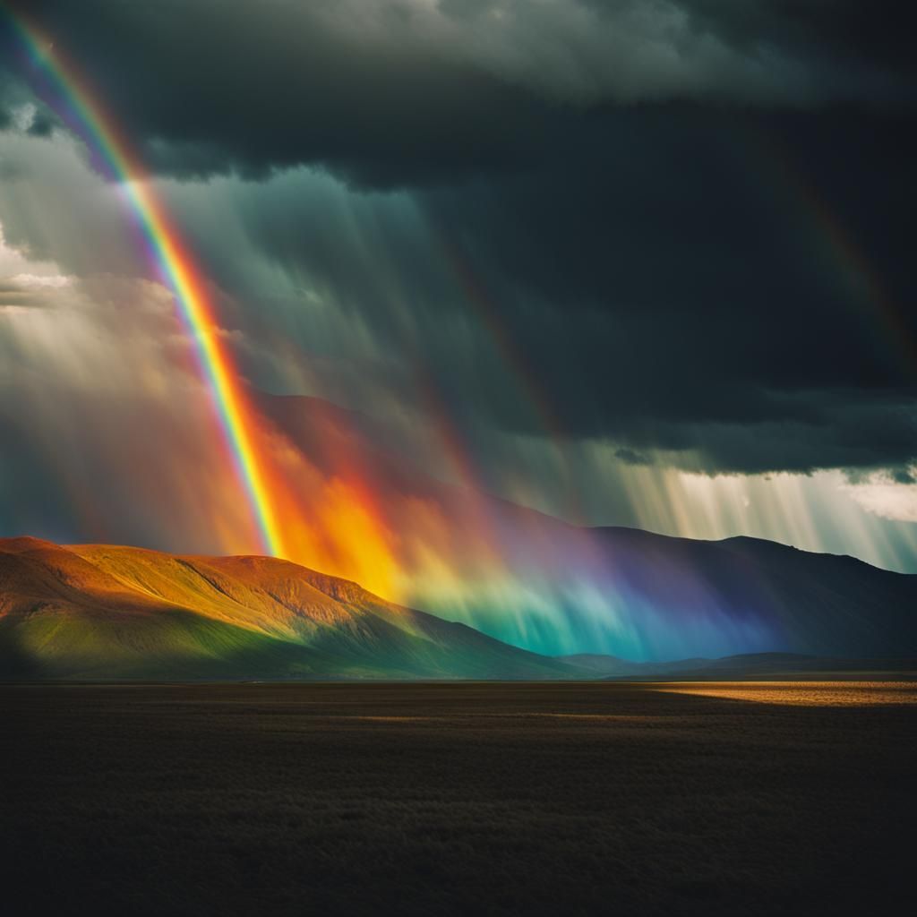 Fiery Rainbow in a Stormy Sky: Cinematic Still