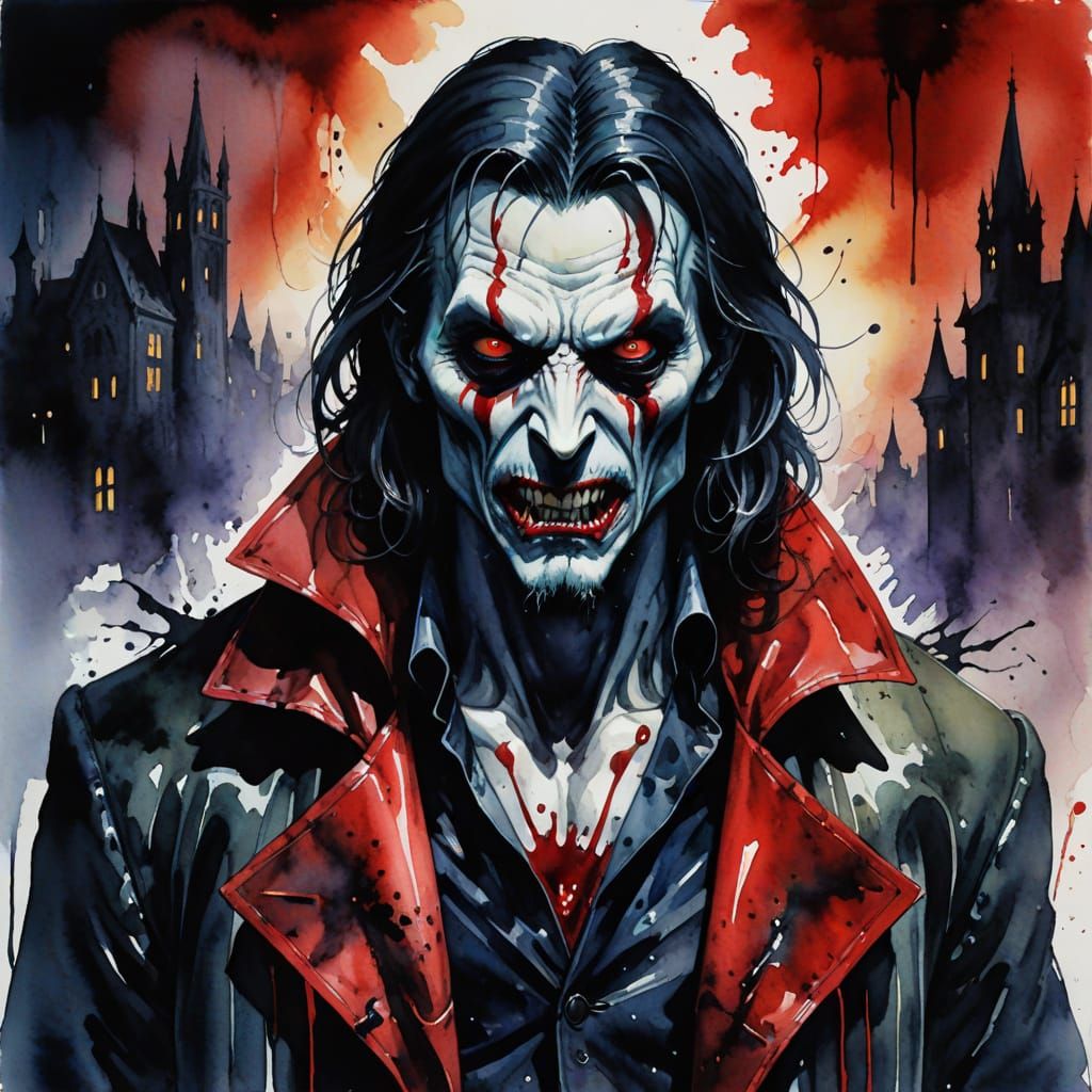 Gothic Watercolor of Vampire in Urban Shadows