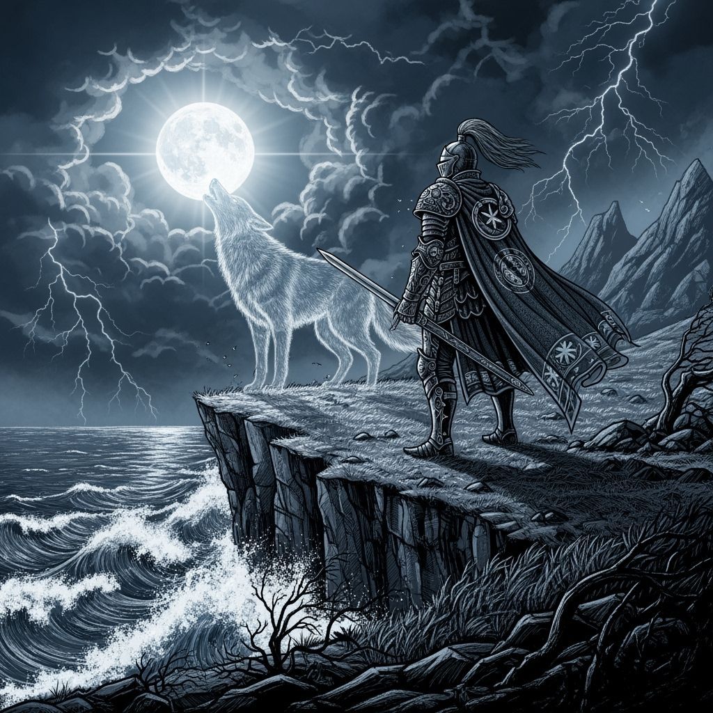 Knight and Spectral Wolf on Stormy Cliff