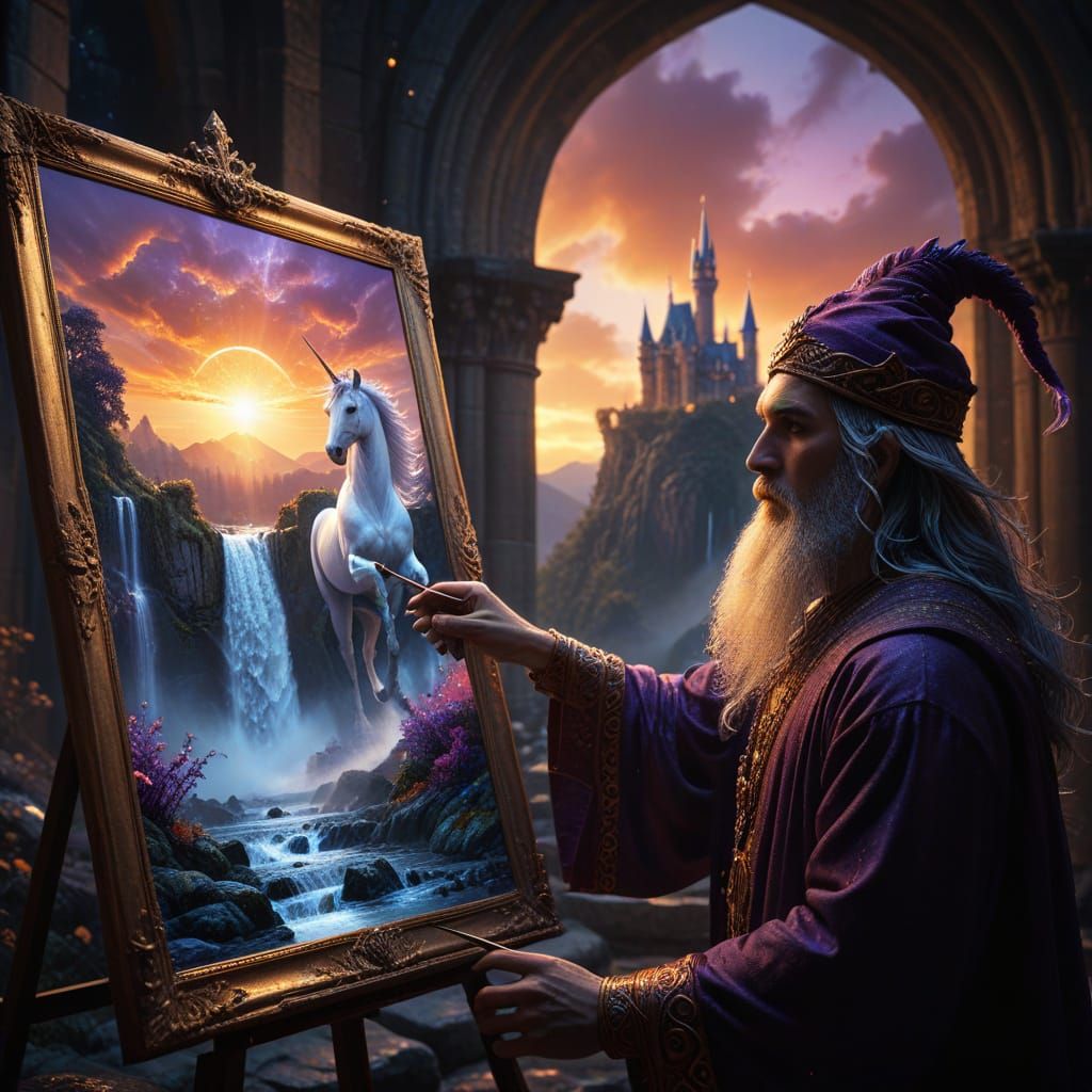 Wizard Paints Magical Waterfall with Unicorn
