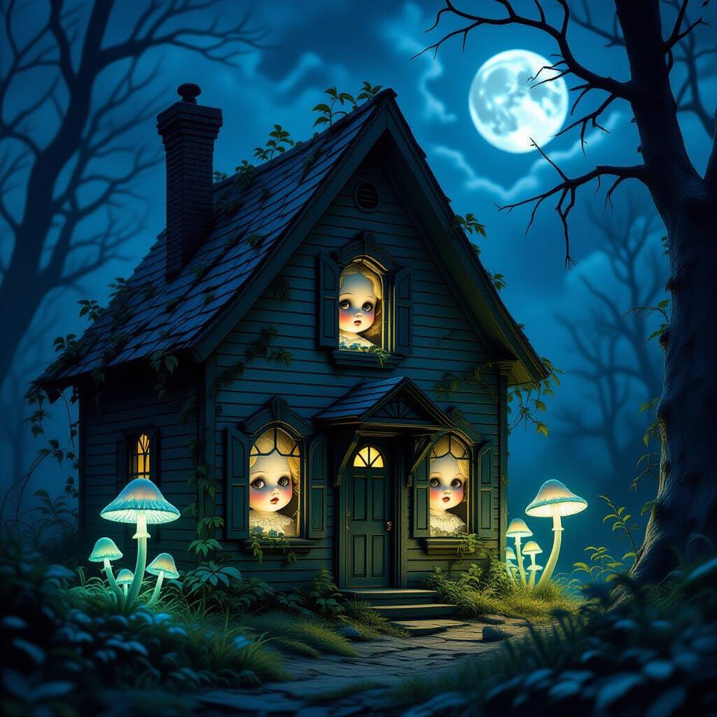 Eerie Dollhouse in Moonlit Clearing with Bioluminescent Mush...