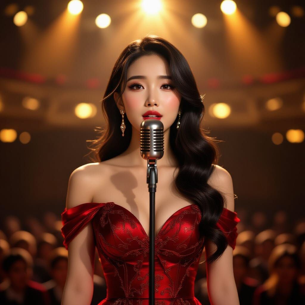 Virtual Singer in Red Gown on Stage