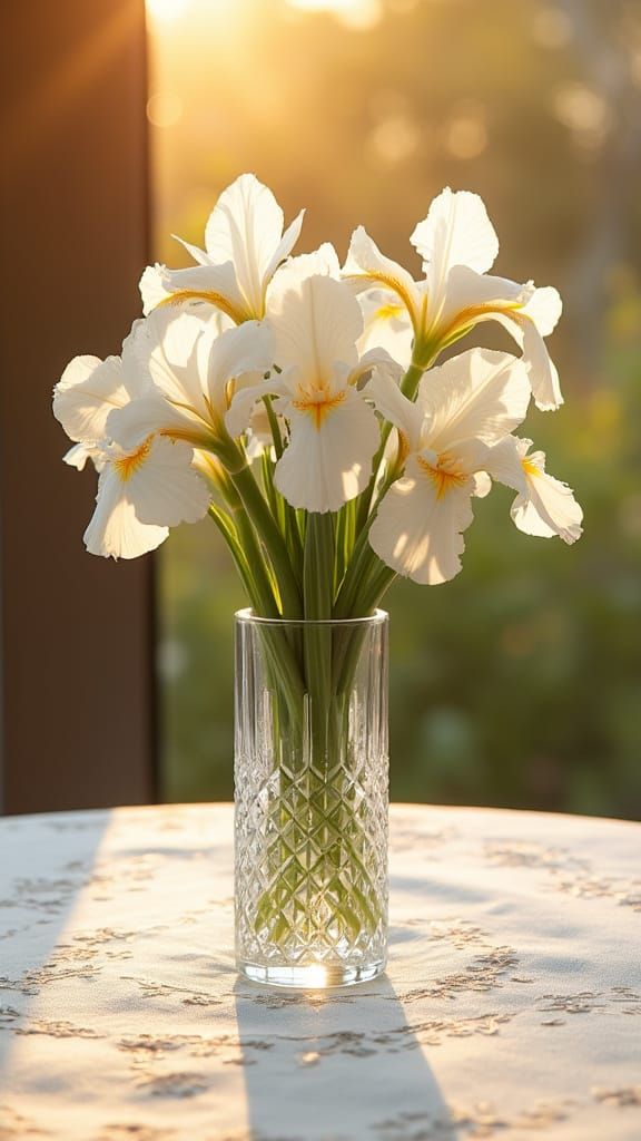 Chrystal vase with white irises