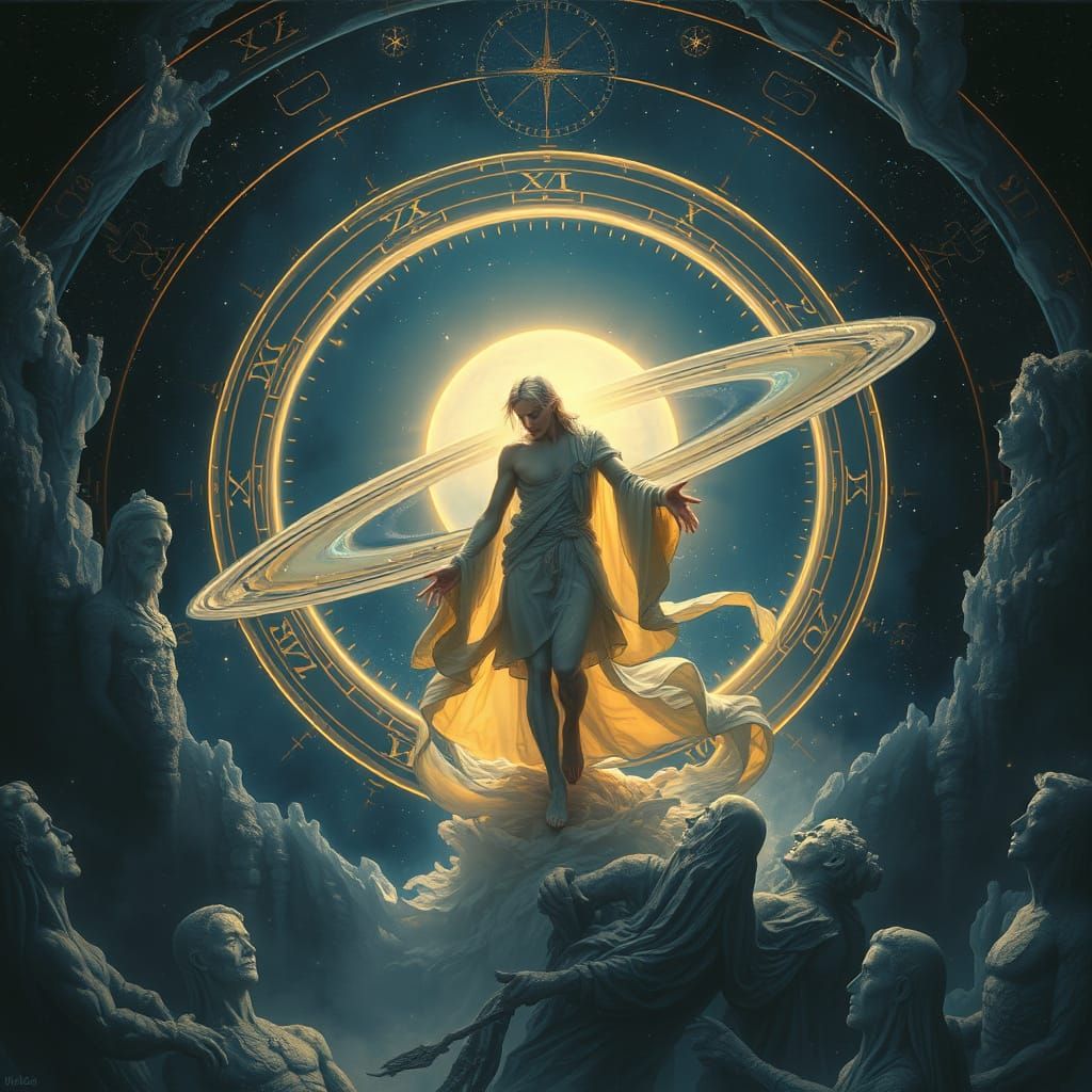 Celestial Figure Journeying Through Saturn's Rings
