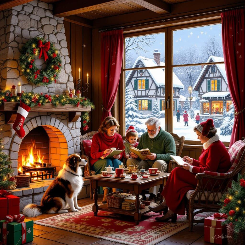Cozy 1960s French Christmas Scene with Dog and Cat