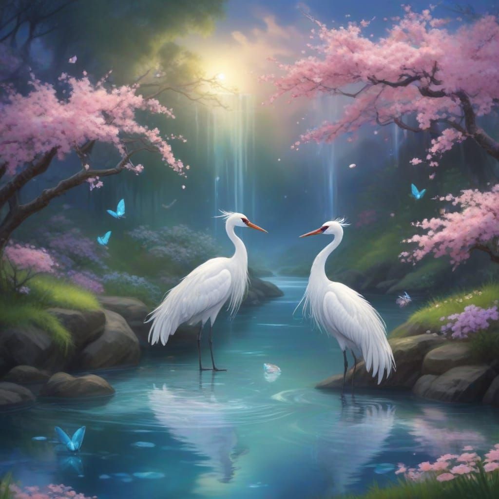 Japanese Cranes and Cherry Blossoms in Anime Style
