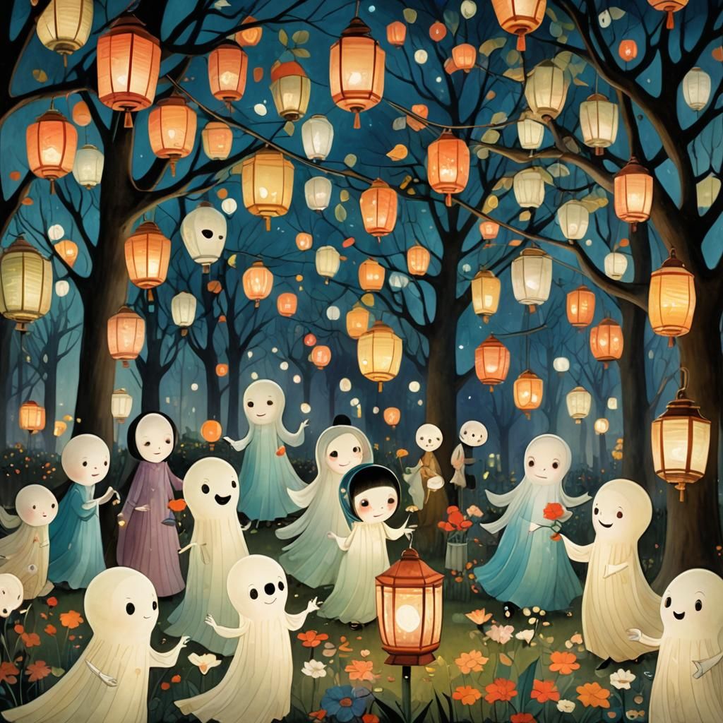 Ghosts' Garden Party with Lanterns, Illustrated Style