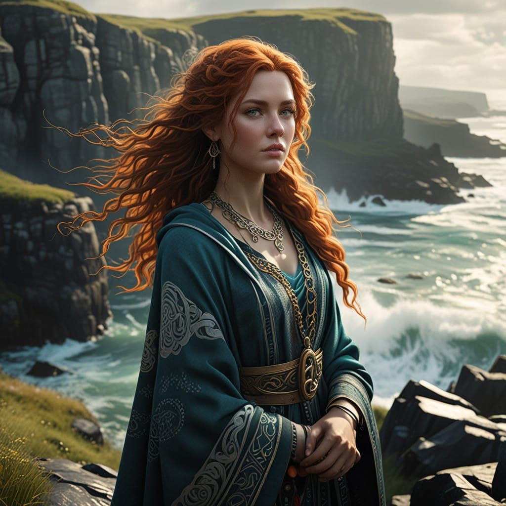 Regal Celtic Woman Stands at Cliff's Edge in Turquoise Water...