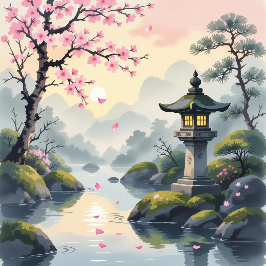 Serene Japanese Garden at Dawn, Yamato-e Style