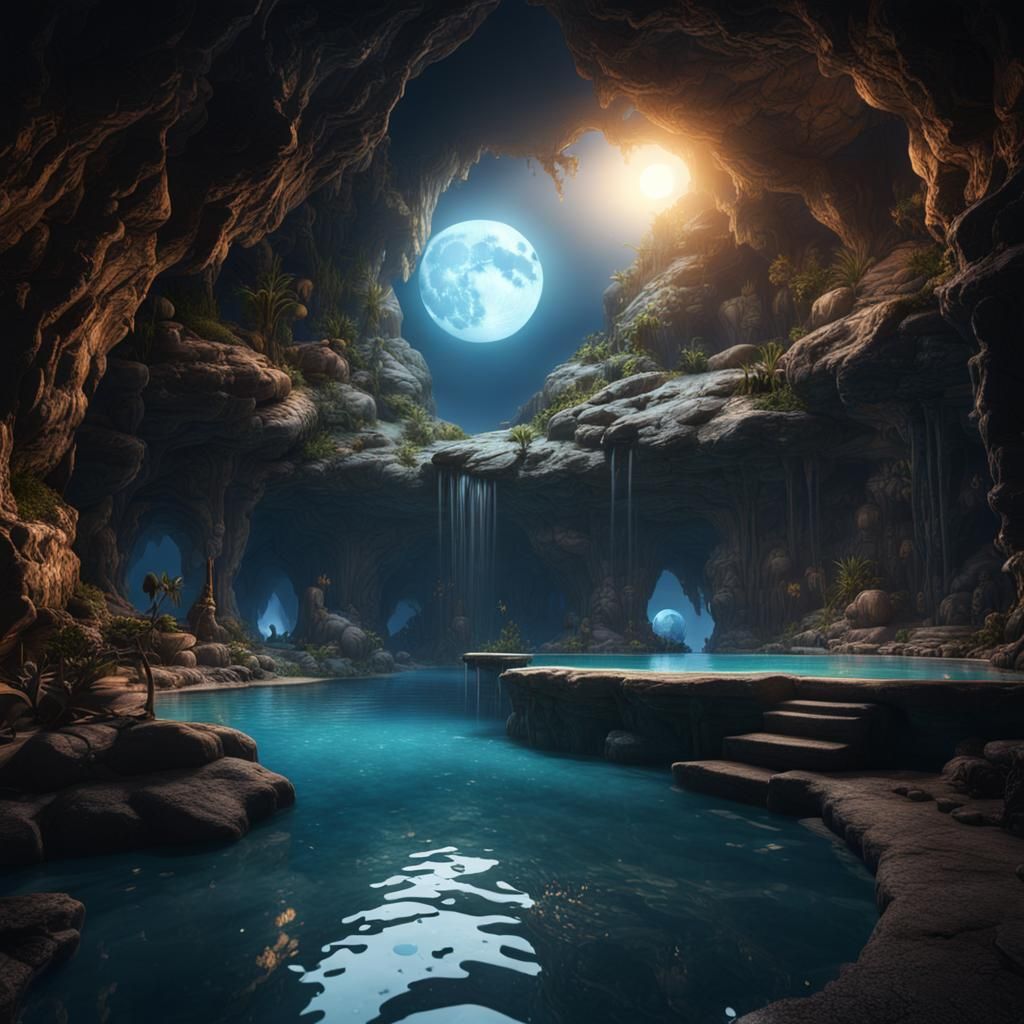 Moonlit Pool in Hidden Cave: Fantasy Concept Art