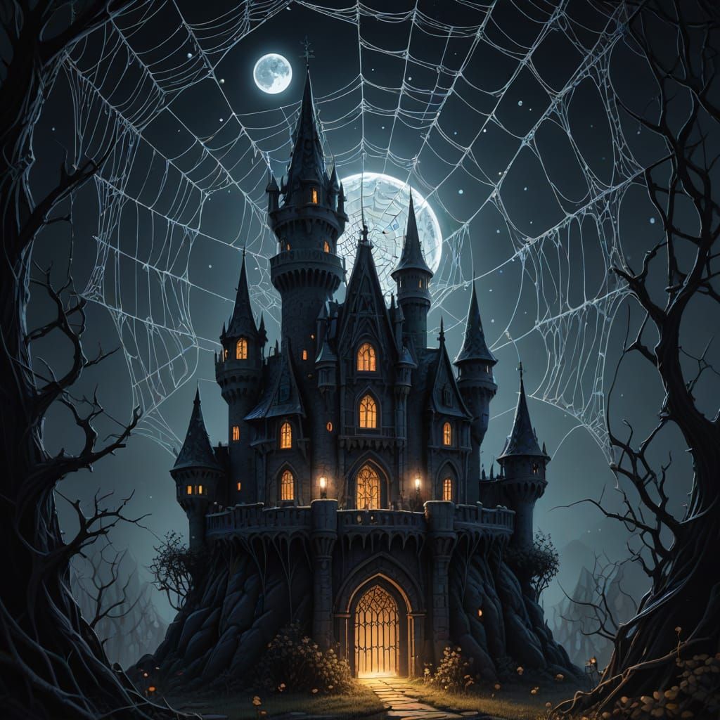 Miniature Spiderweb Castle in Dark Fantasy Style