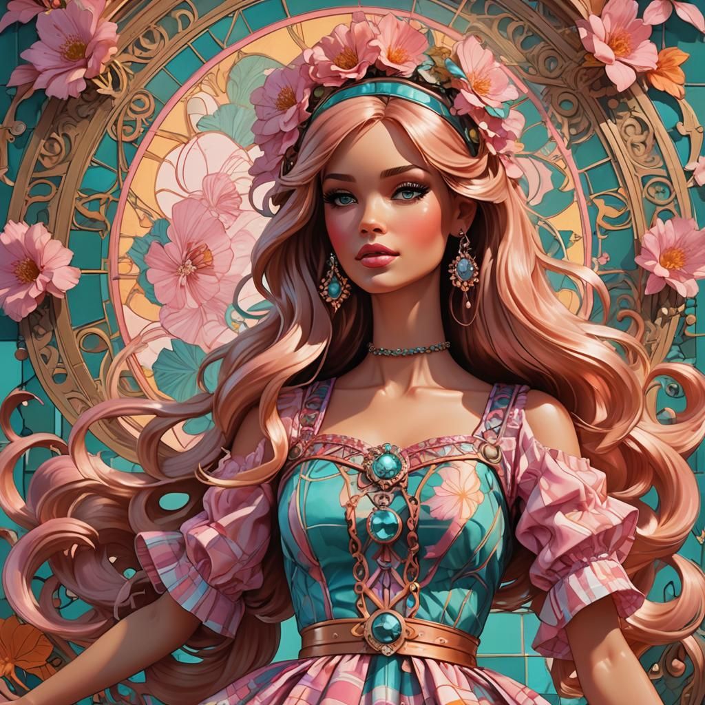 Art Nouveau Girl Portrait in Orange and Teal