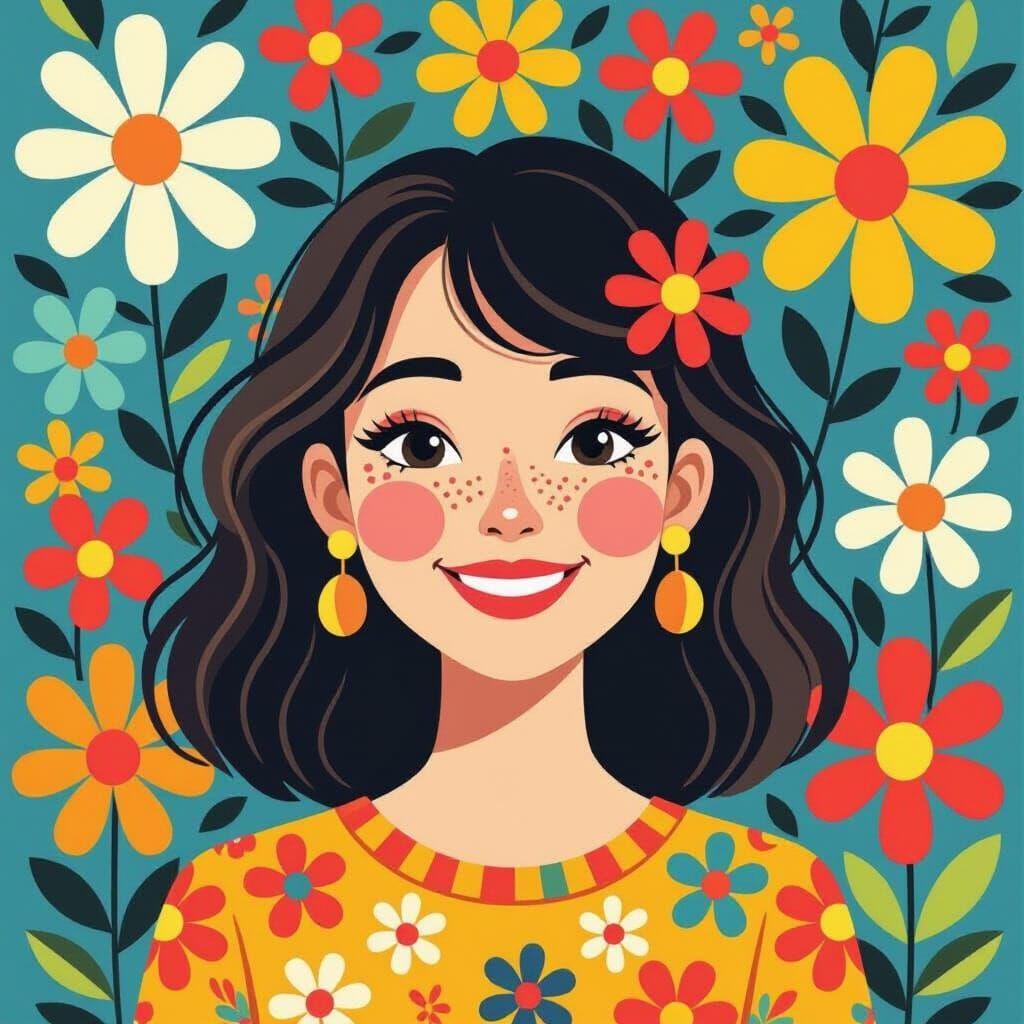 Smiling Woman with Flowers in Pop Art Style
