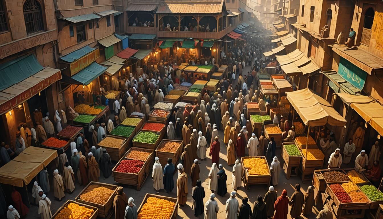 Hazrat Umar in Bustling Market: Fantasy Oil Painting