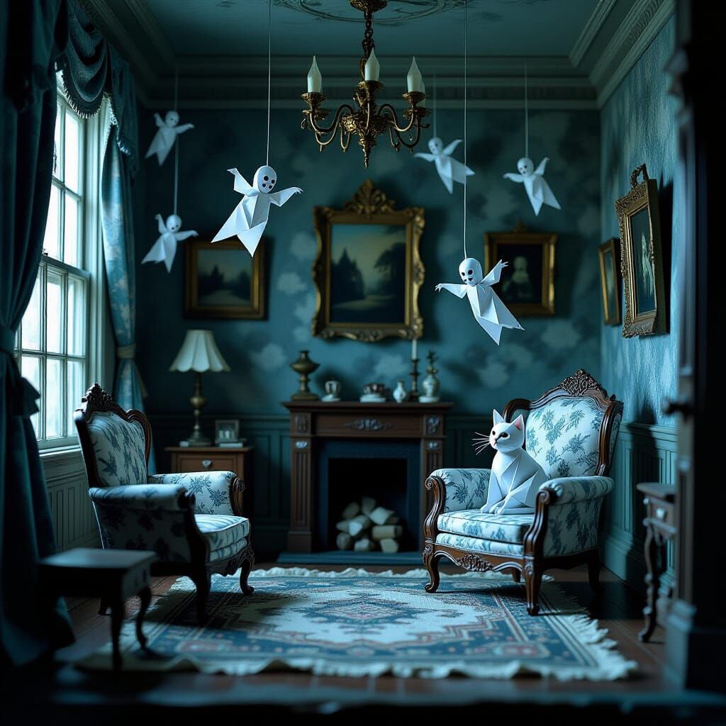 Haunted Victorian Living Room Diorama in Paper Art Style