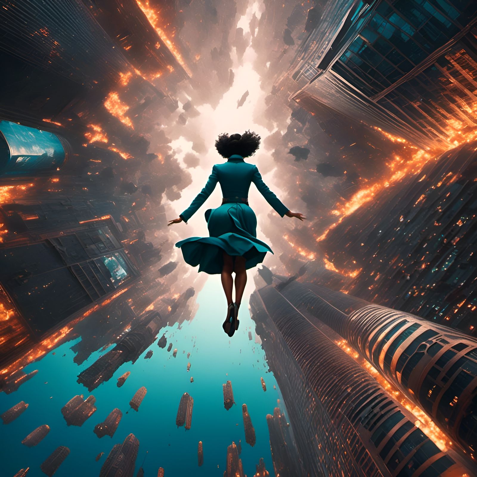 Woman Falling Through Skyscrapers: Cinematic Digital Art