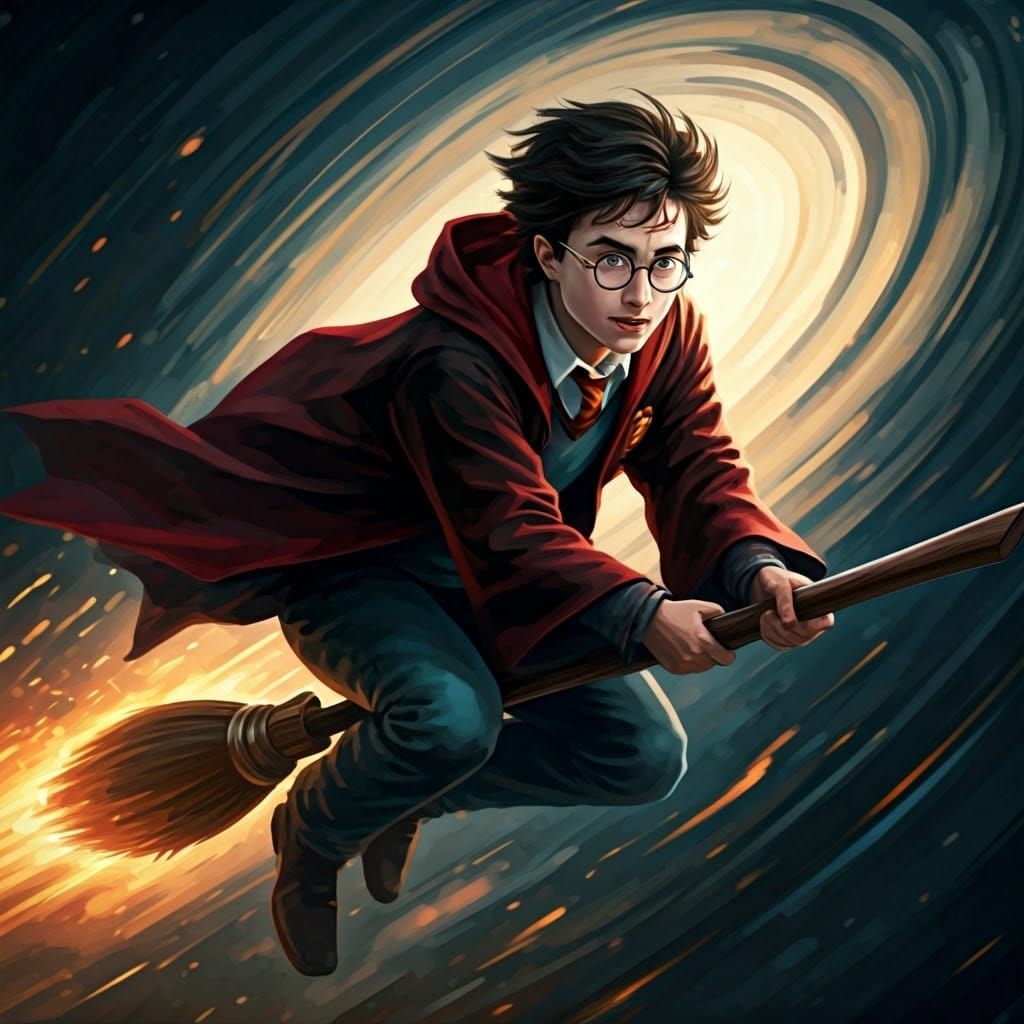 Harry Potter on Broomstick in Digital Oil Painting Style