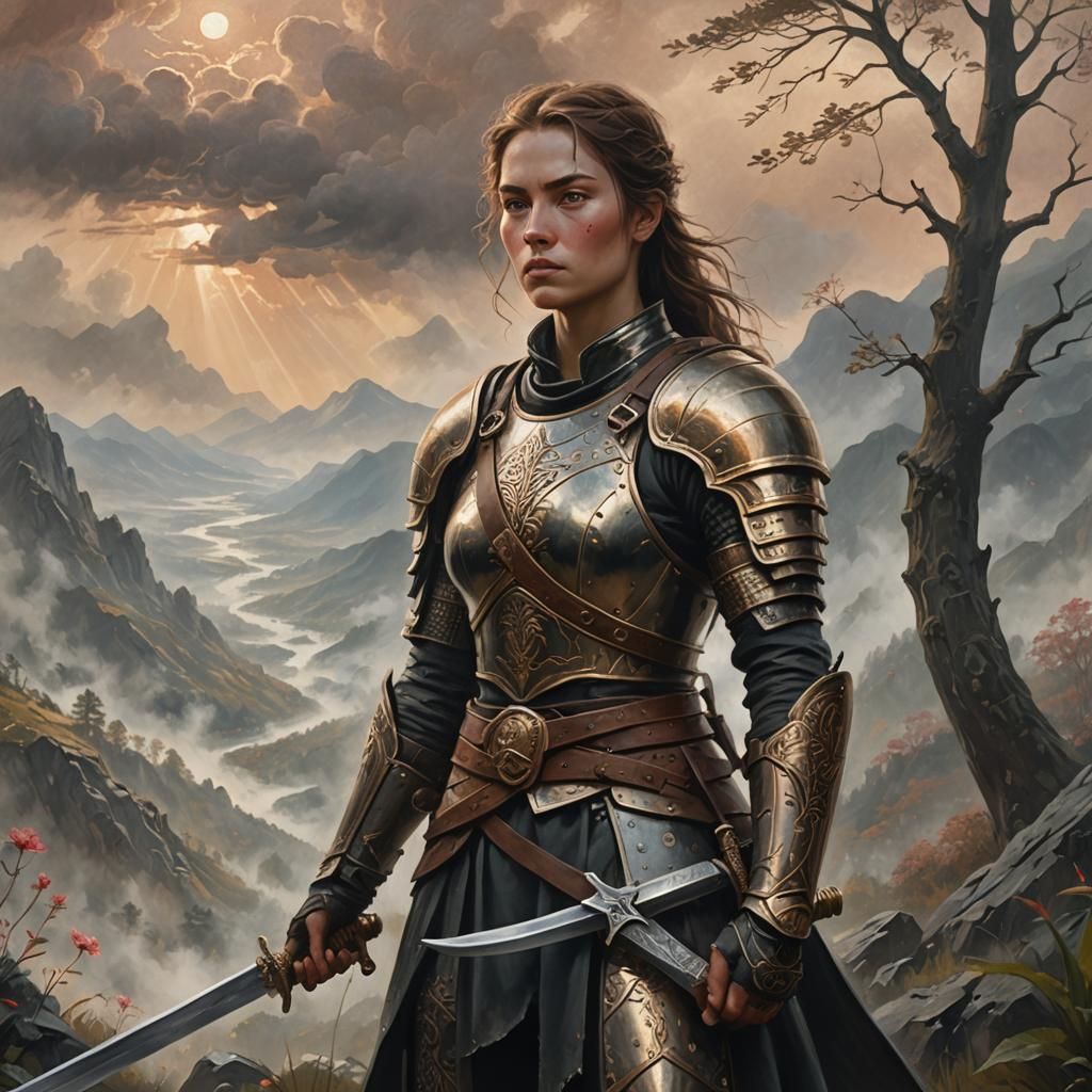 Female Warrior in Misty Mountains, Oil on Canvas