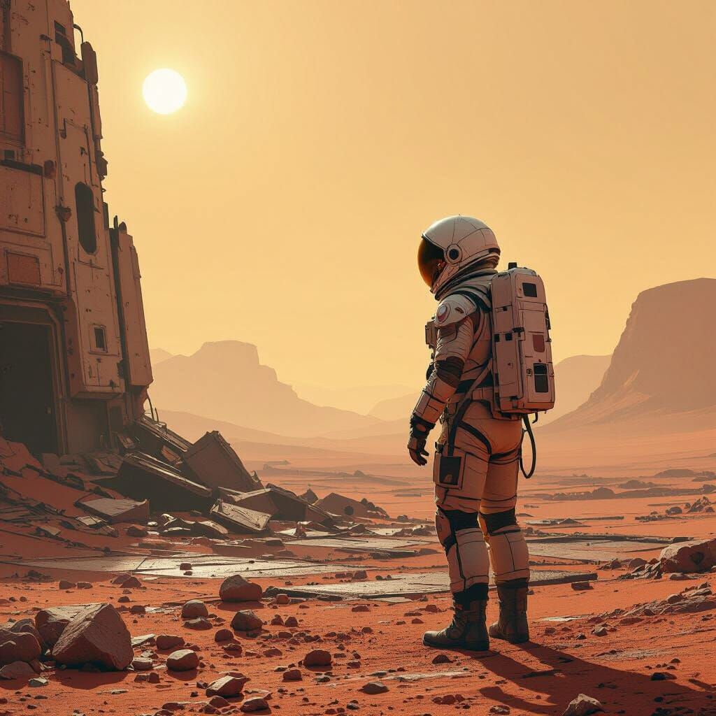 Astronaut on Crimson Planet Exploring Abandoned Base