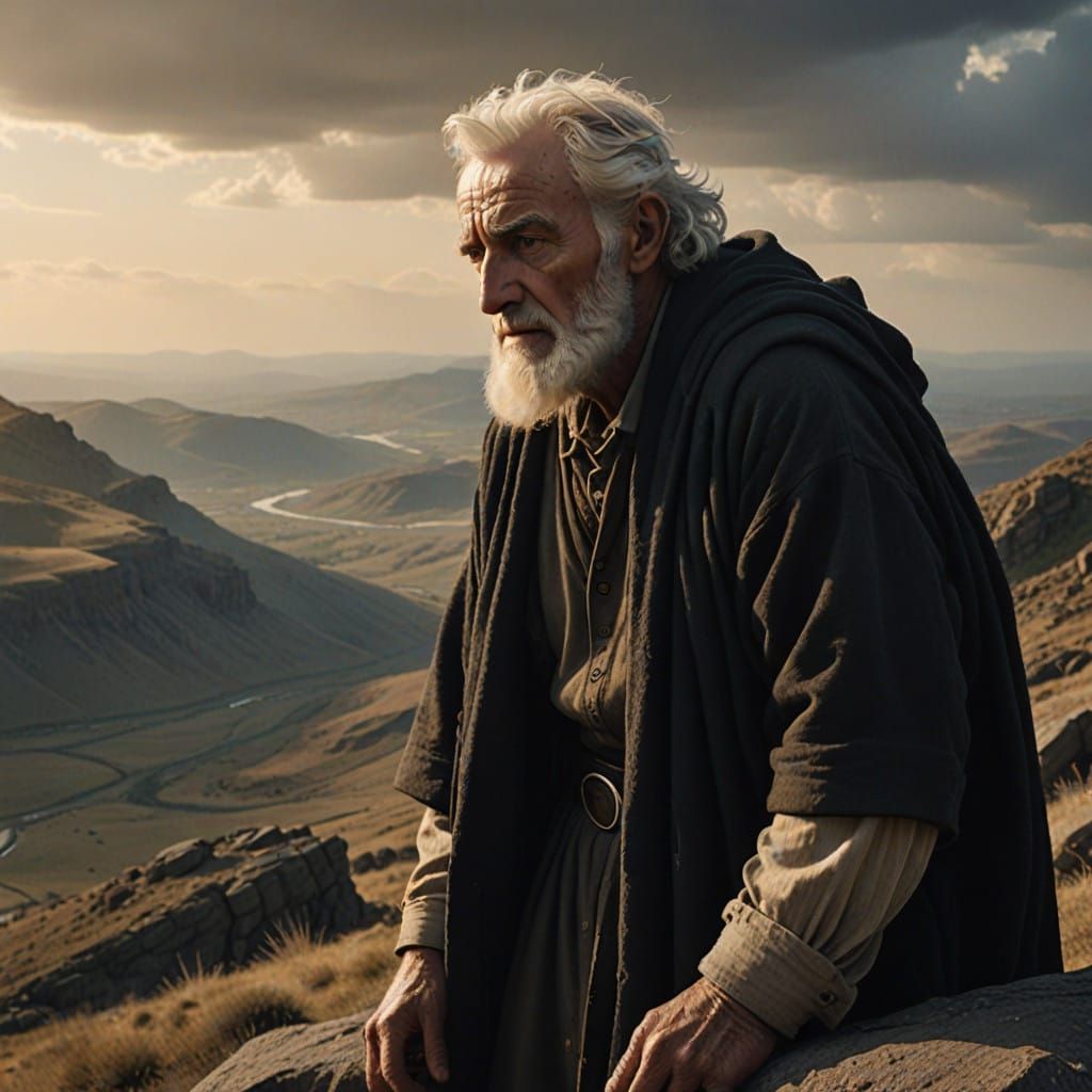 Aged Patriarch on Windswept Mountain, Inspired by Genesis