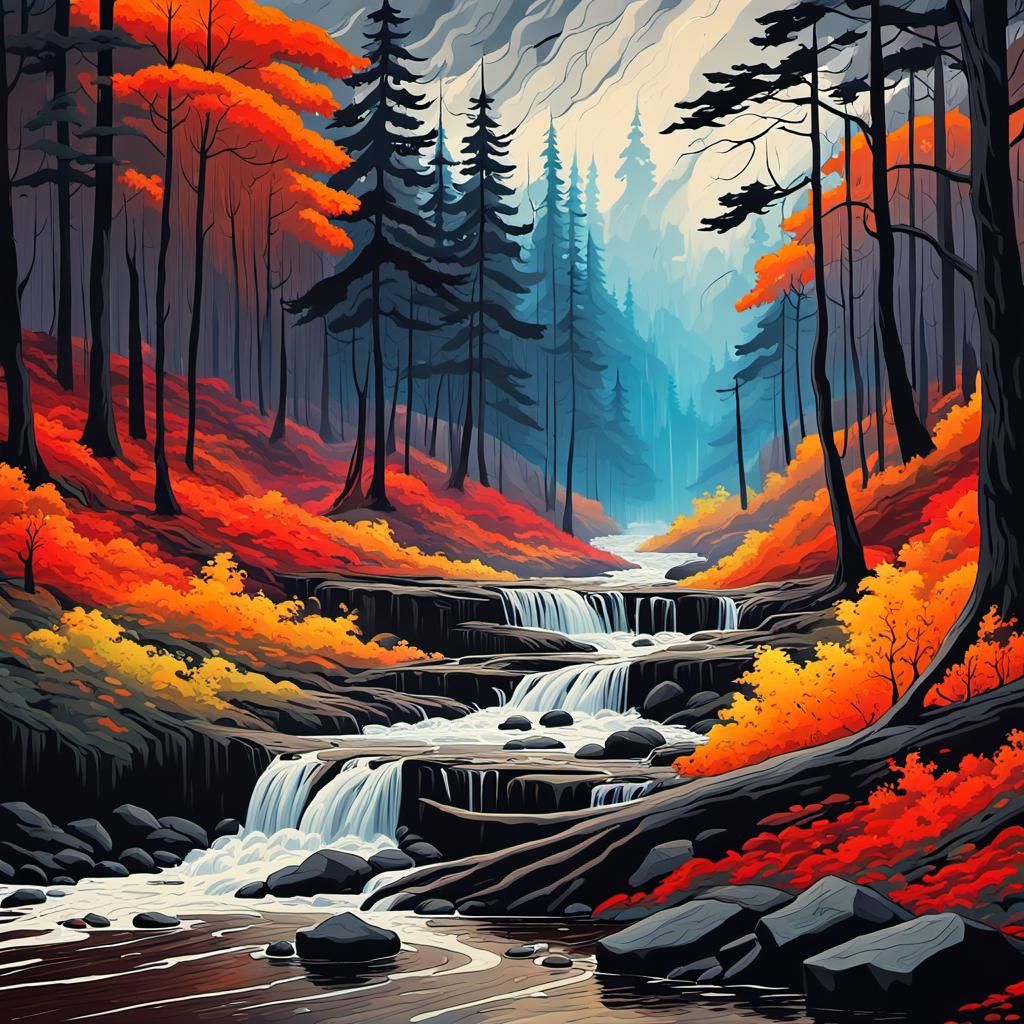 A forest with trees swaying and bending dramatically in the powerful wind.