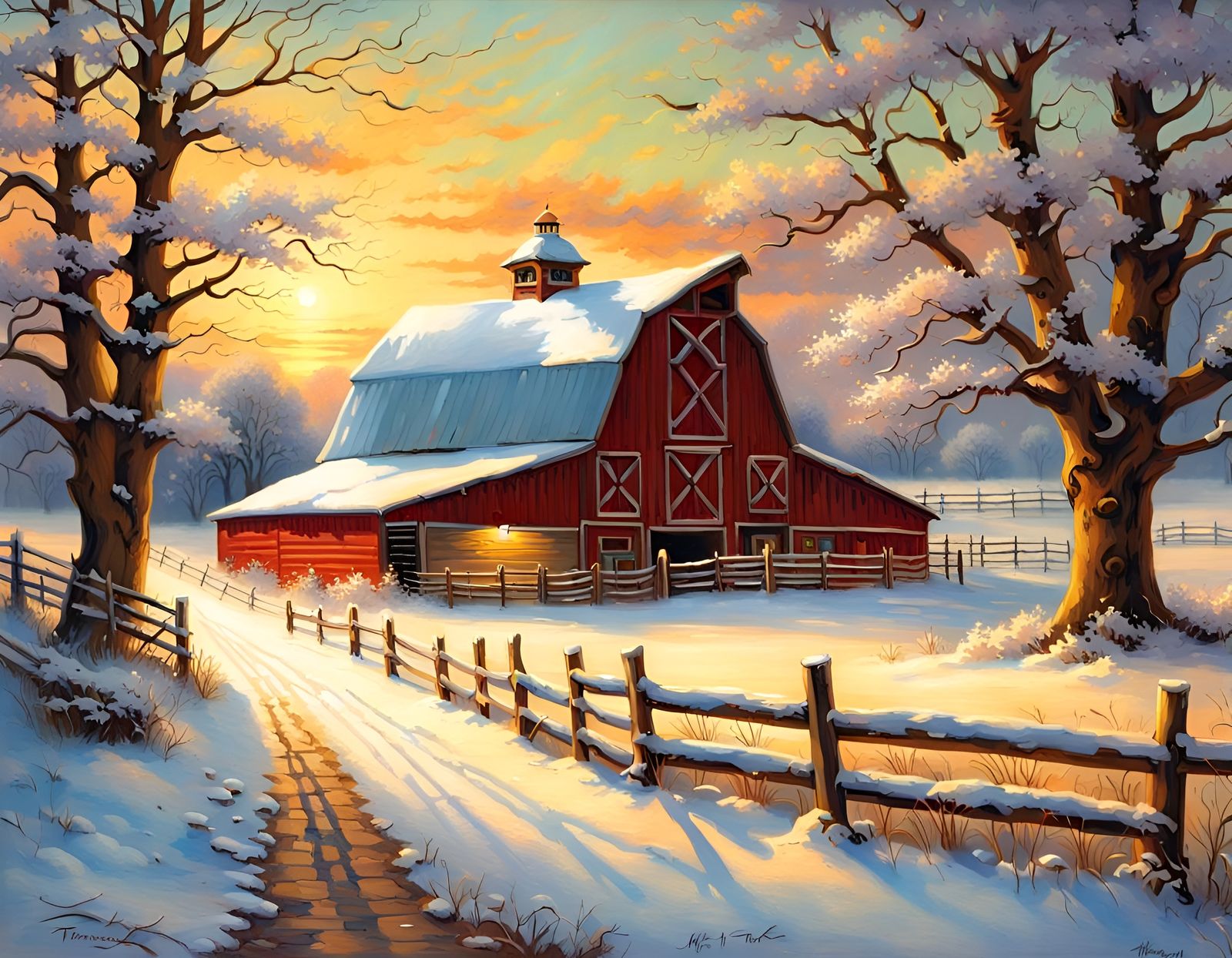Nebraska Barn in Winter: Kinkade-Style Illustration