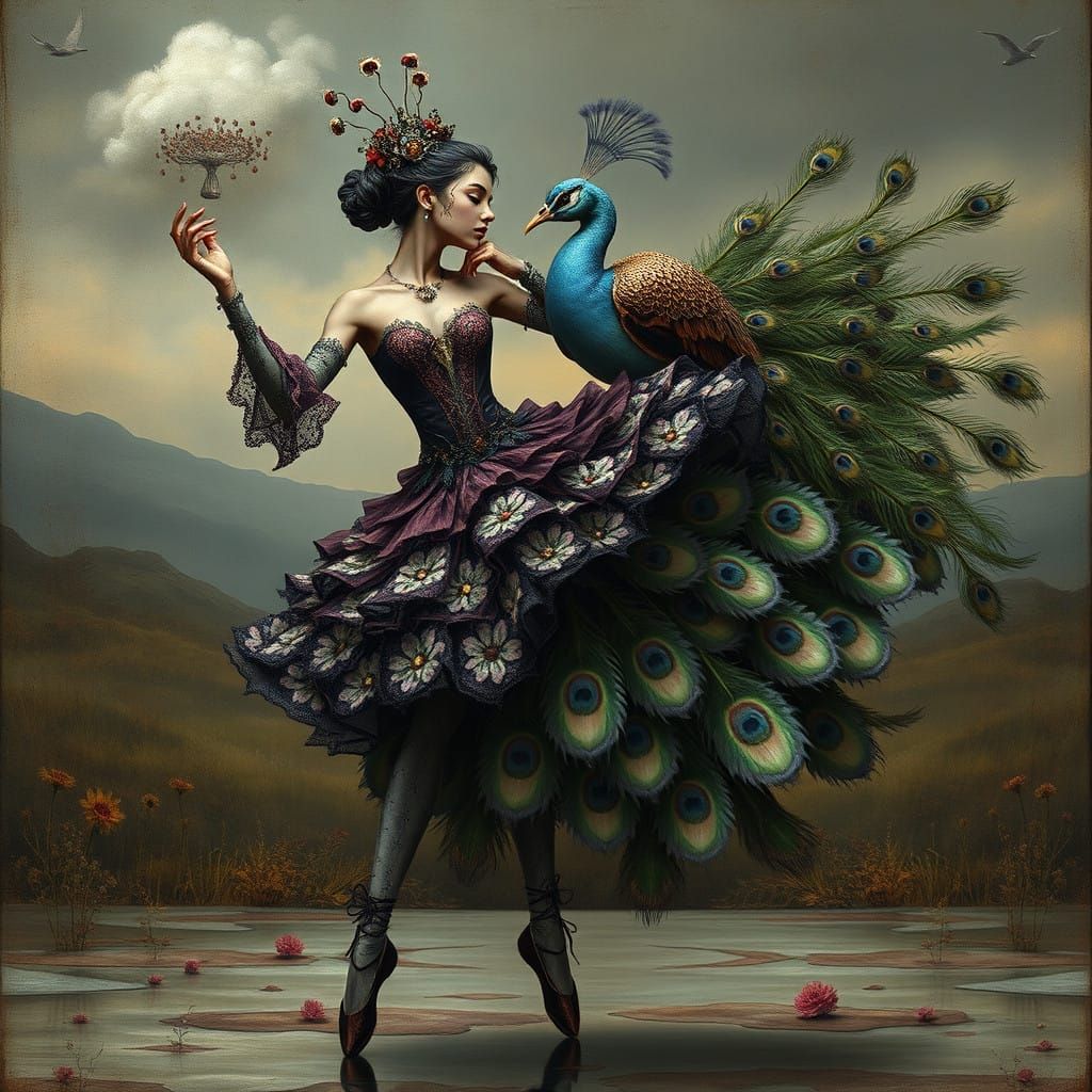 Surreal Ballerina in Muted Gothic Landscape