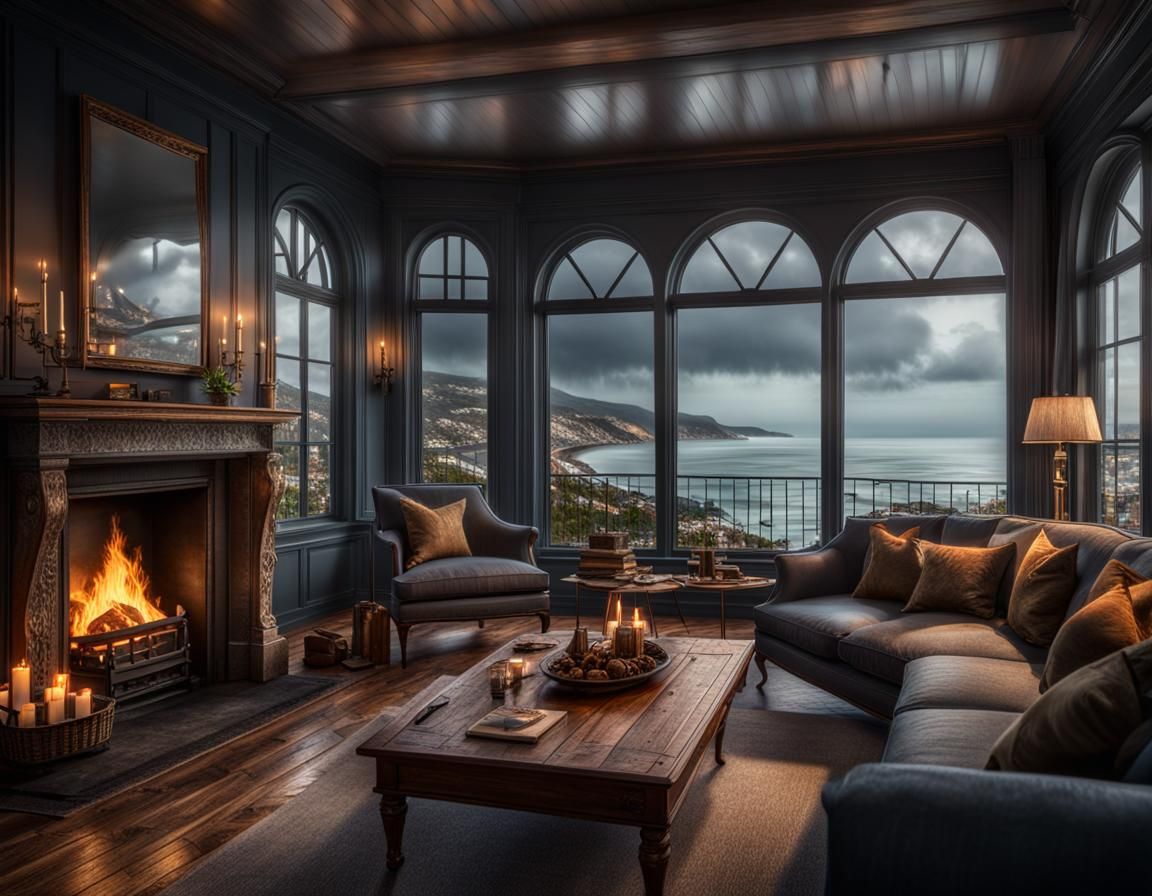 Cozy Living Room with Seaside View in 8K