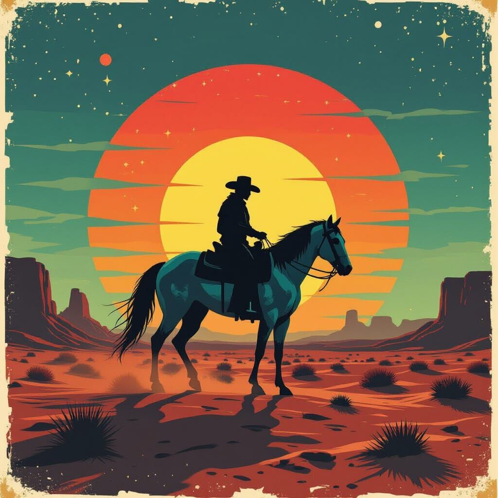 Cowboy on Spectral Horse Under Alien Sunset in Gritty Style
