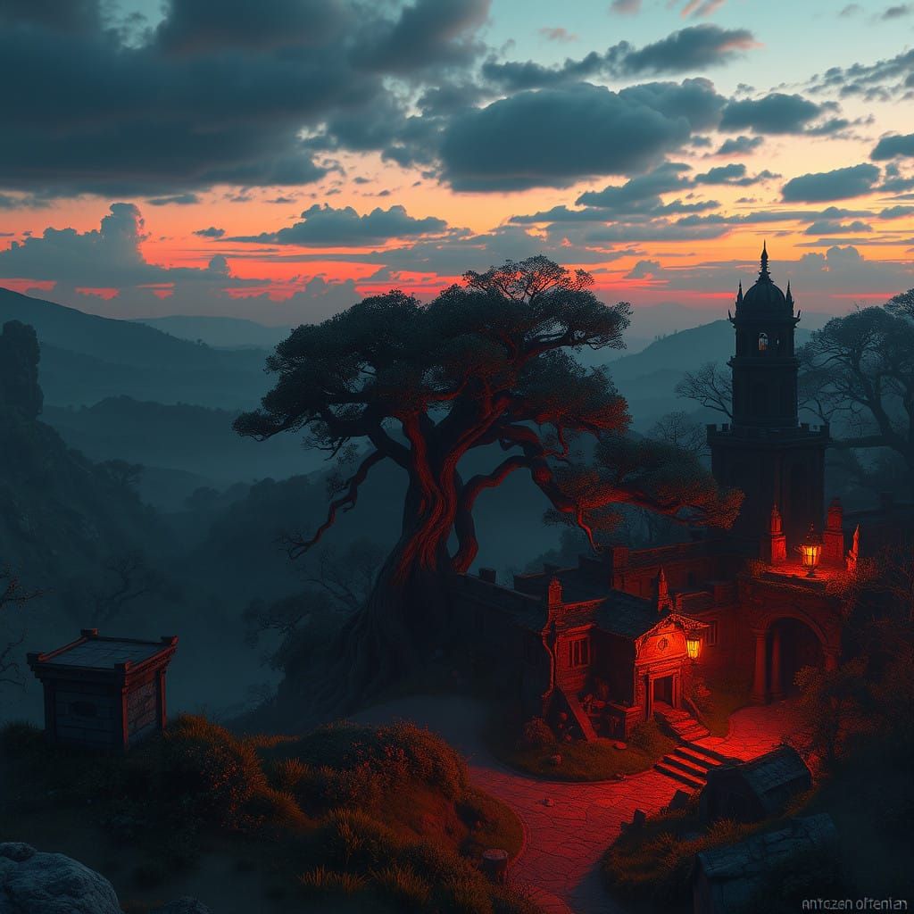 Mystical Landscape at Dusk in Vibrant Colors