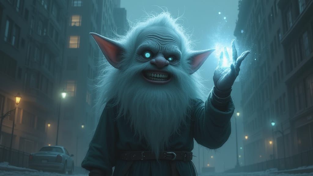 Eerie Ghost Gnome in Cyberpunk Cityscape Digital Art