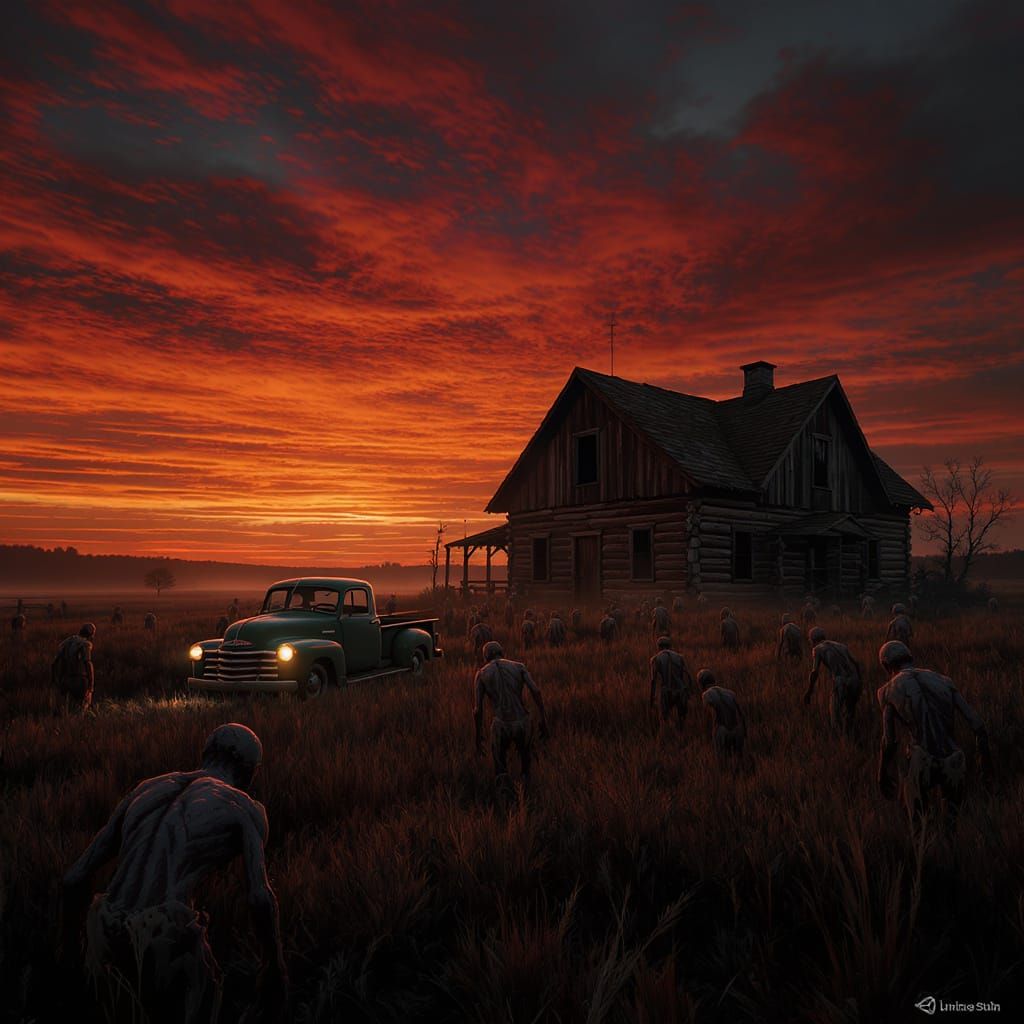 Zombie Horde Approaching Farmhouse at Twilight