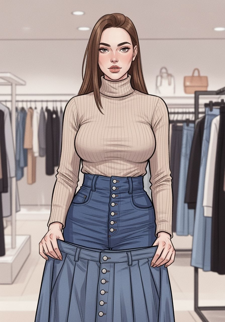 Woman Shopping for Denim Skirts as Digital Painting