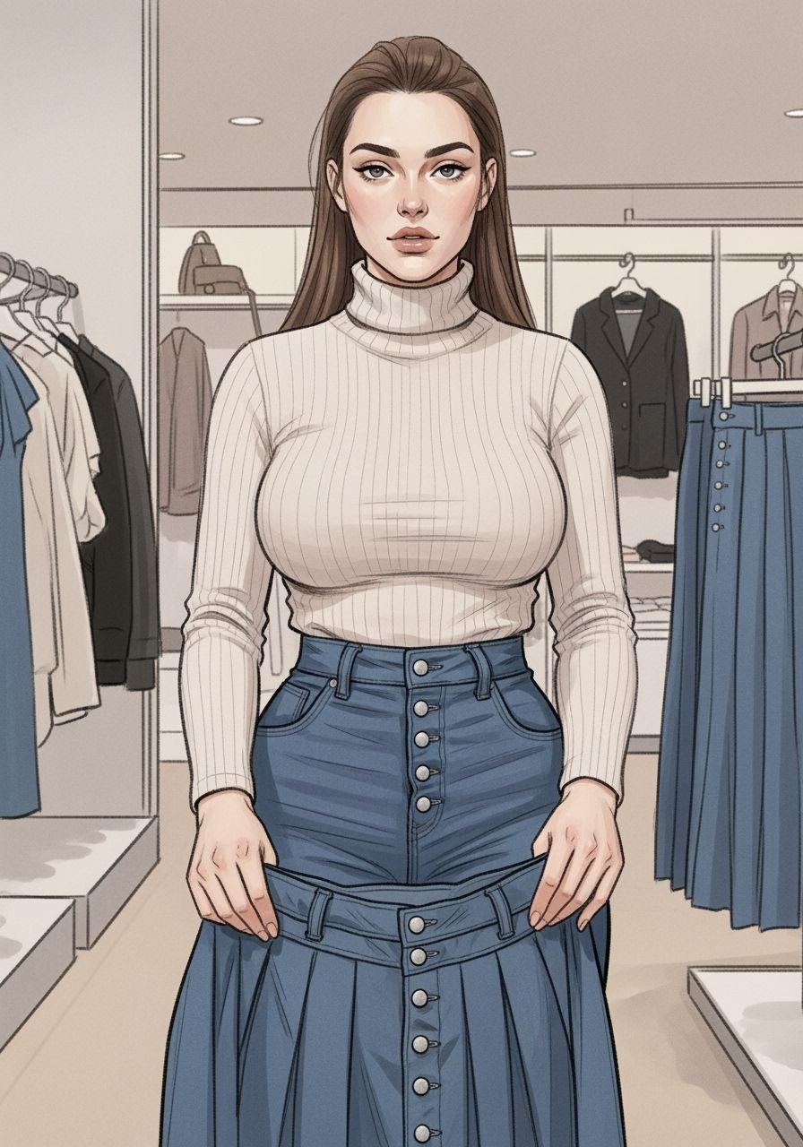 Woman Shopping for Denim Skirts in Graphic Novel Style