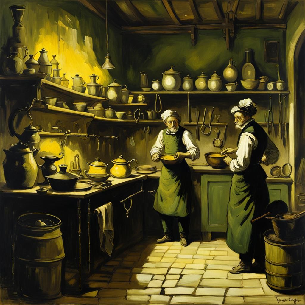 Victorian Kitchen Servants in Oil Painting