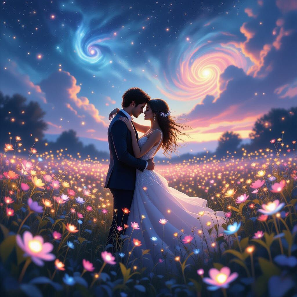 Lovers in Bioluminescent Garden Under Swirling Nebulae
