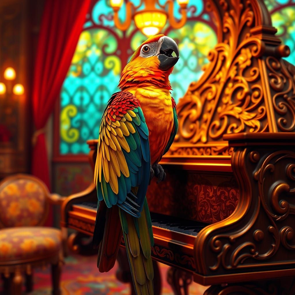 Vibrant Parrot Sings on Antique Piano in Art Nouveau Style