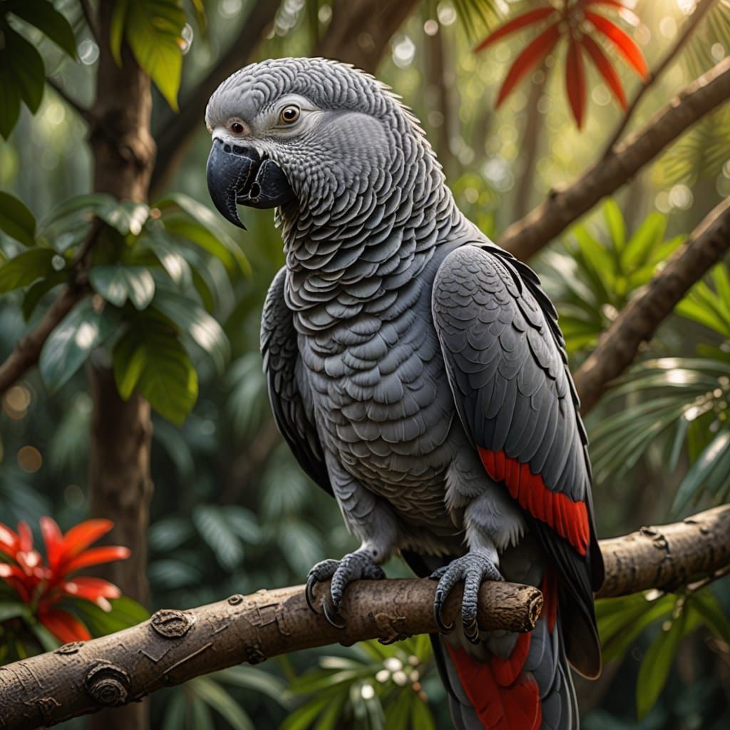 African Grey Parrot Portrait in Photorealistic Style