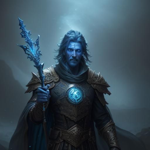Mystical Figure in Ornate Suit with Glowing Staff