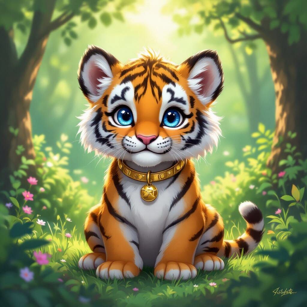 Baby Tiger with Crystal Blue Fur in Lush Forest