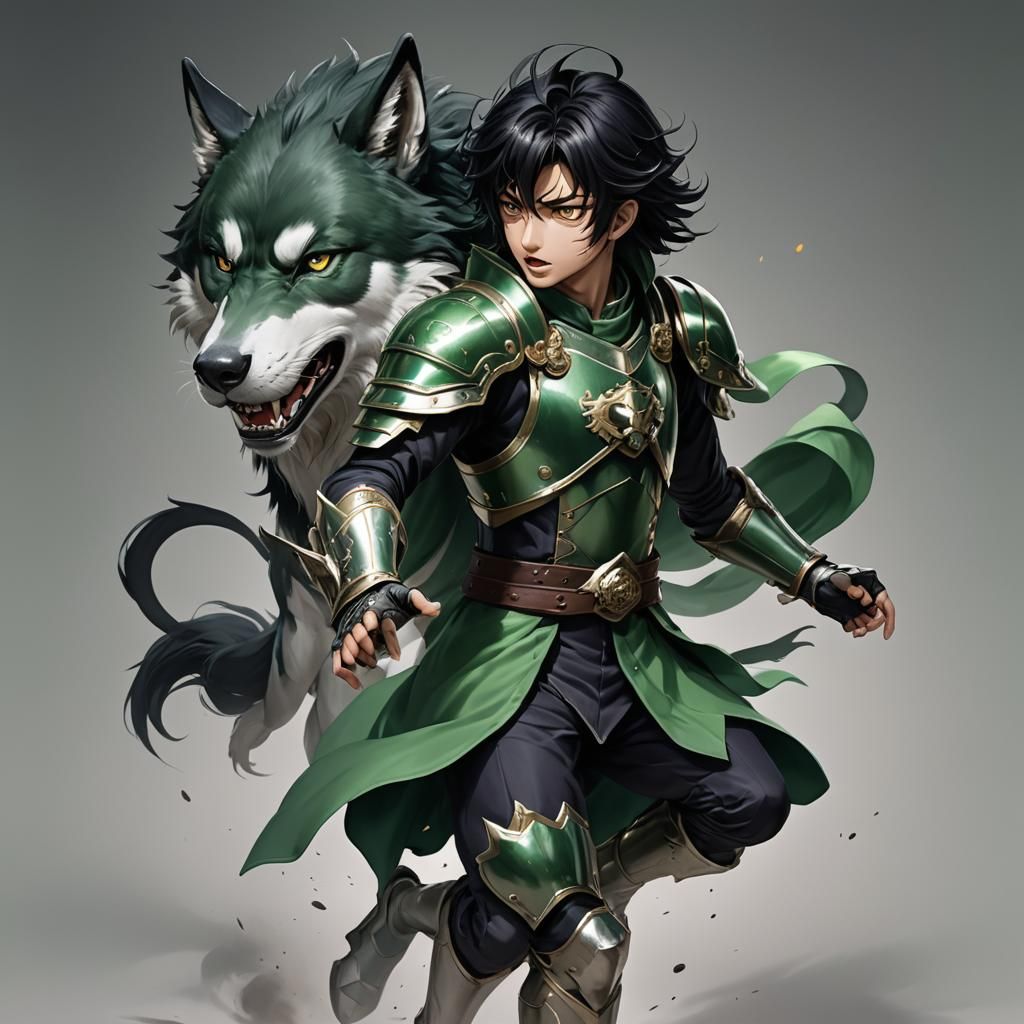 Japanese Warrior with Wolf in Anime Style