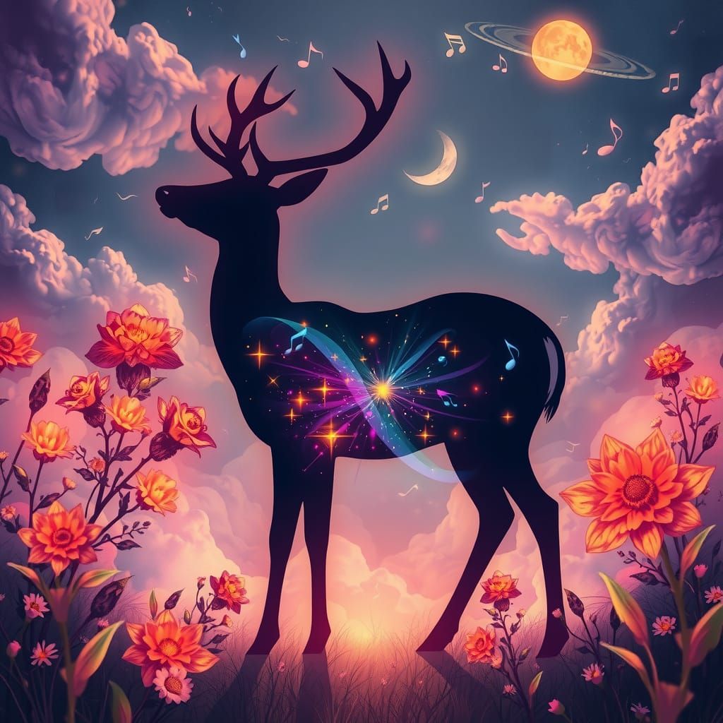 Shadow Deer in Iridescent Dreamscape: Surreal Fantasy Art