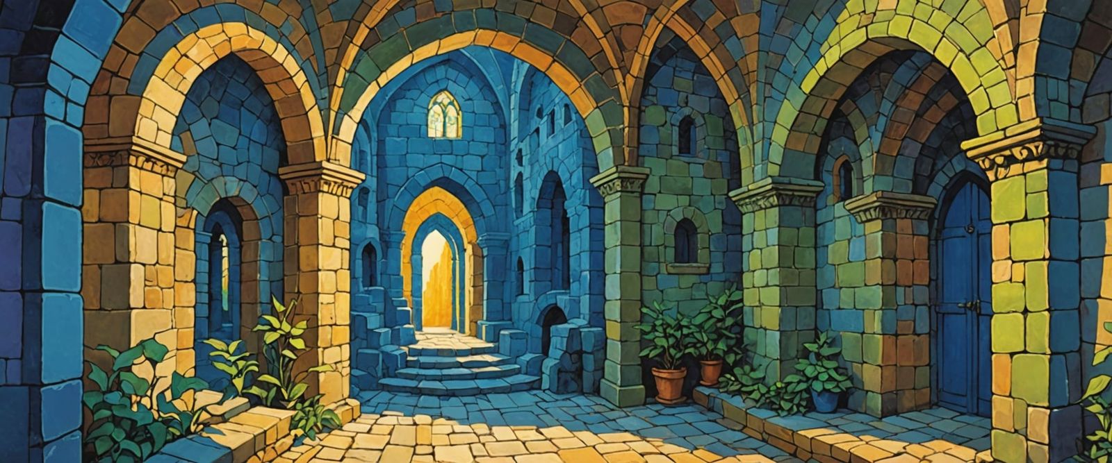 Dungeon Passageway with Treasure in Watercolor Style