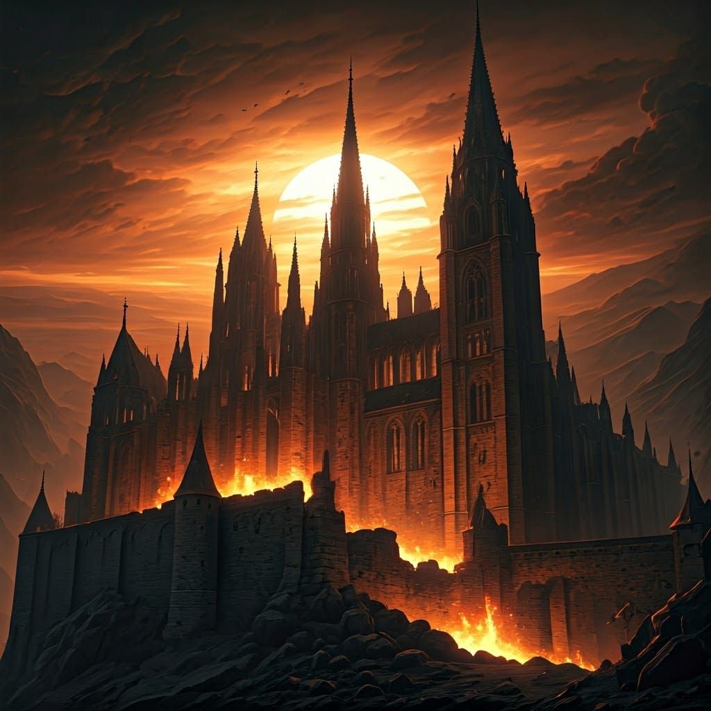 Medieval Castle Inferno in a Deep Orange Sky